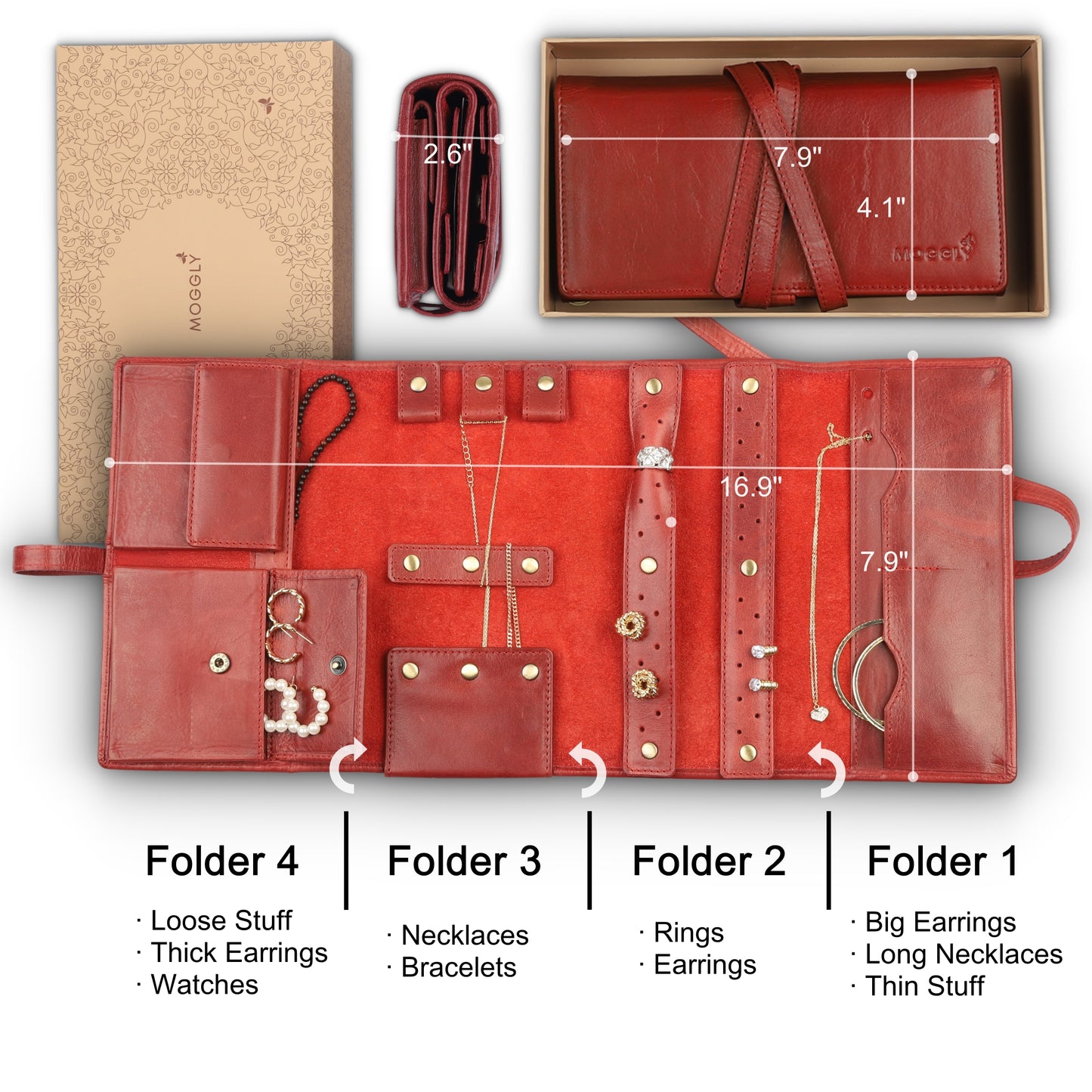 Jewelry Leather Wallet for Travel - Ruster Red 4folds