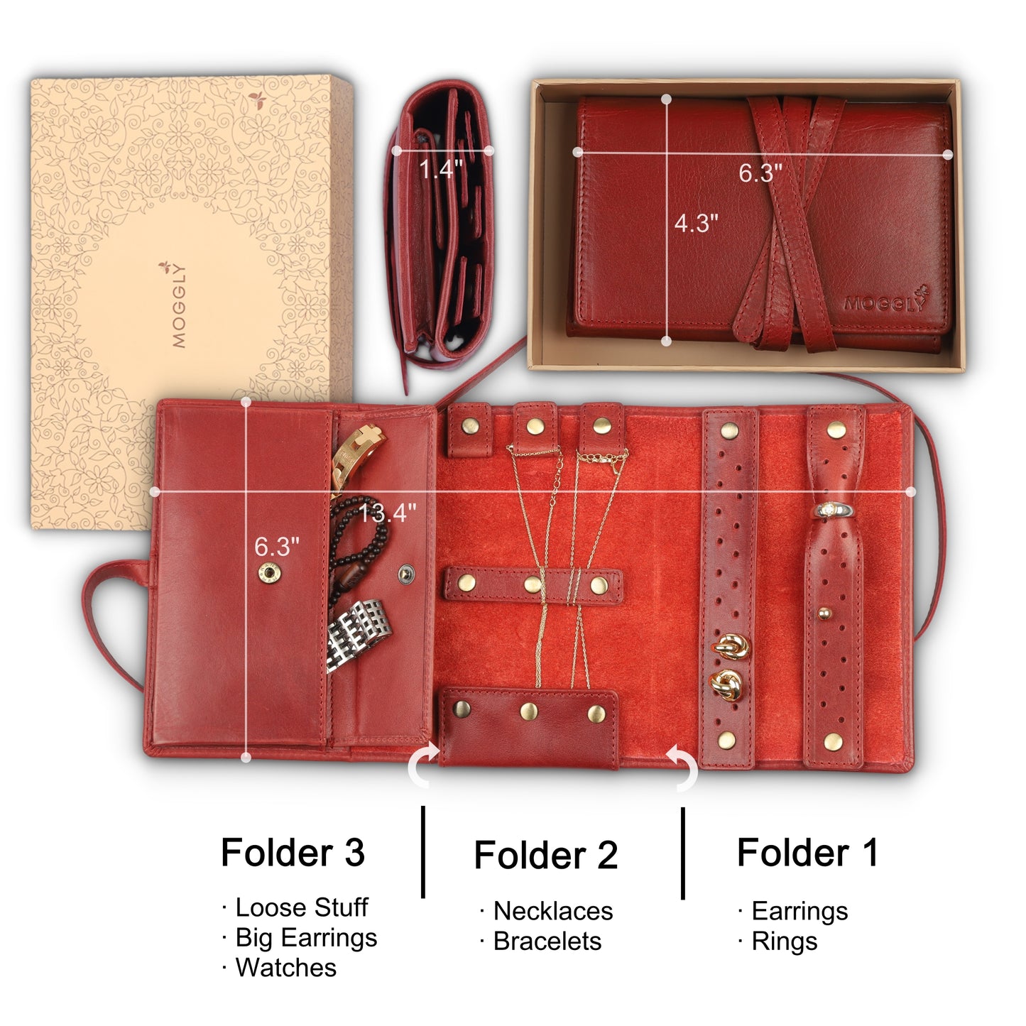 Jewelry Leather Wallet for Travel - Ruster Red 3 folds